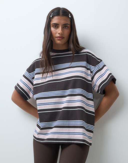 4505 t-shirt oversize in cotone pesante a righe rosa e marroni, 4 di 5