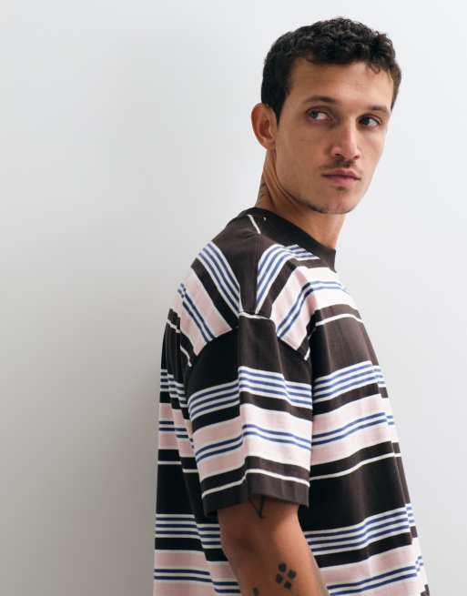 4505 t-shirt oversize in cotone pesante con finitura quick dry a righe marroni, 2 di 5
