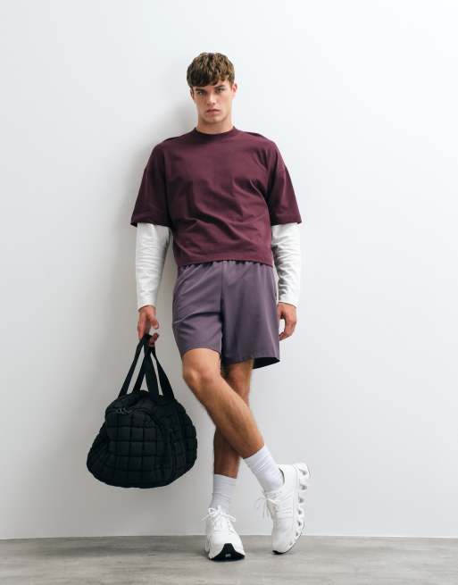 4505 t-shirt oversize in cotone pesante con maniche a doppio strato, bordeaux e bianco sporco, 2 di 5