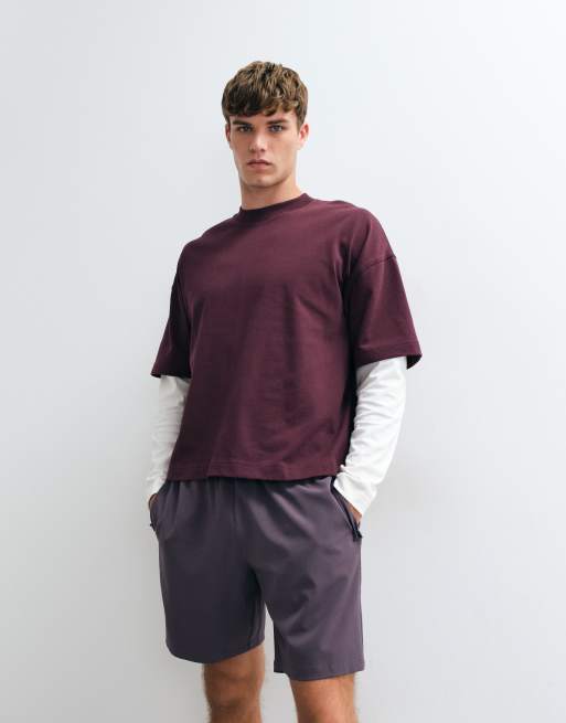 4505 t-shirt oversize in cotone pesante con maniche a doppio strato, bordeaux e bianco sporco, 3 di 5