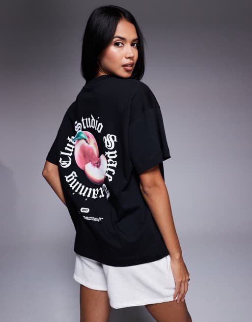 4505 - T-shirt oversize in cotone pesante nera con stampa di pesca sul retro, 4 di 4