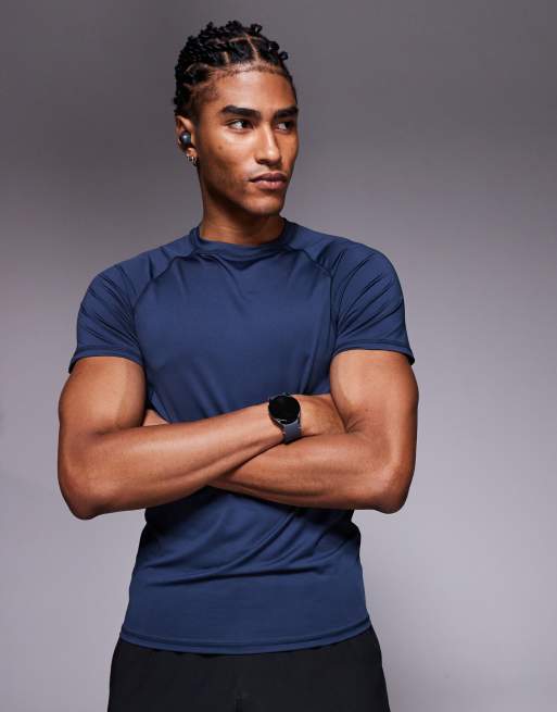4505 - T-shirt sous vêtement de sport moulant à surpiqûres en tissu séchage rapide - Bleu marine