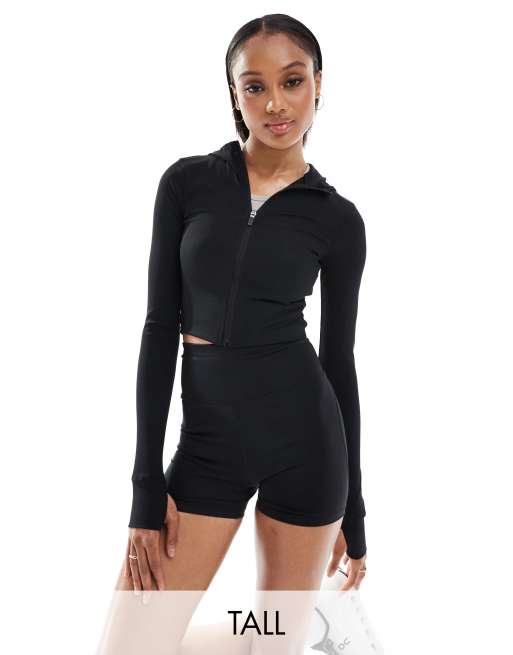 4505 - Tall - Cropped hoodie in actieve ribstof in zwart 