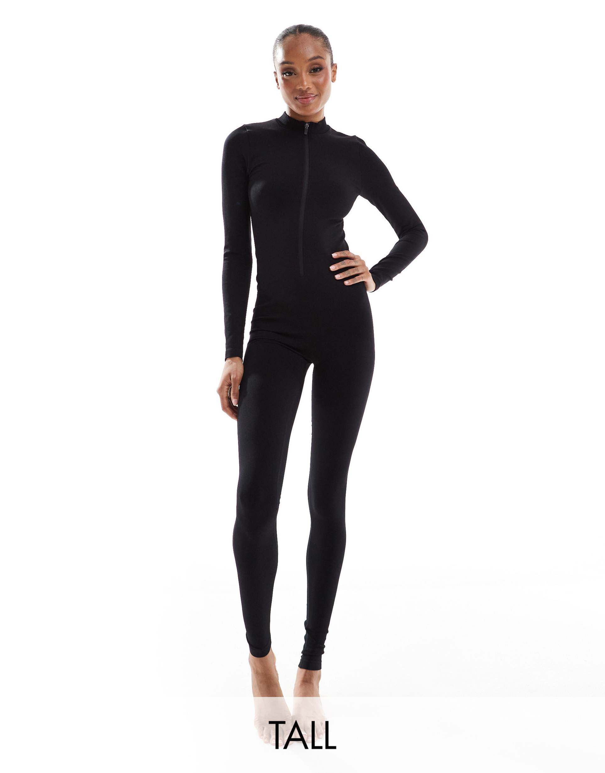 4505 tall seamless zip front all-in-one catsuit in black