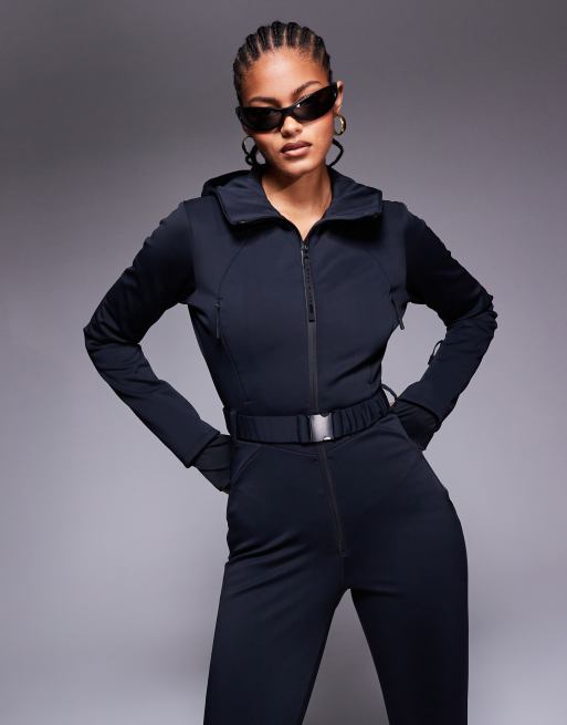 ASOS 4505 Tall Ski belted ski suit with skinny leg and hood in black