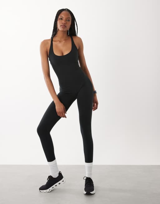 4505 Tall soft touch strappy unitard with inner bra in black , 2 of 4