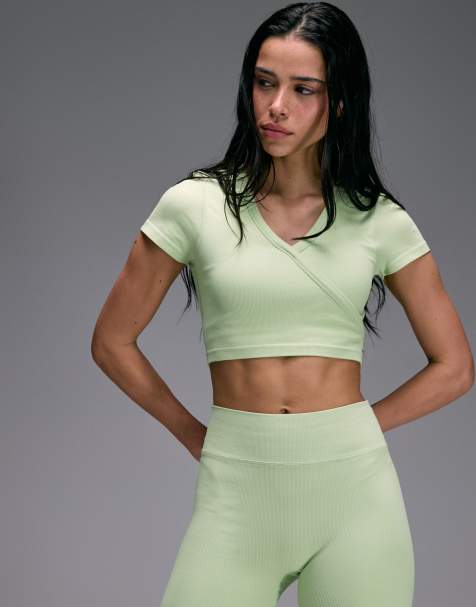 4505 - Top a maniche corte a portafoglio color lime pastello a costine senza cuciture - view 1