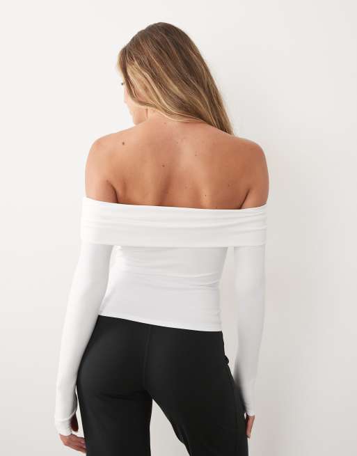 4505 - Top de yoga doux au toucher à épaules dénudées et encolure bardot - Blanc, 4 de 4