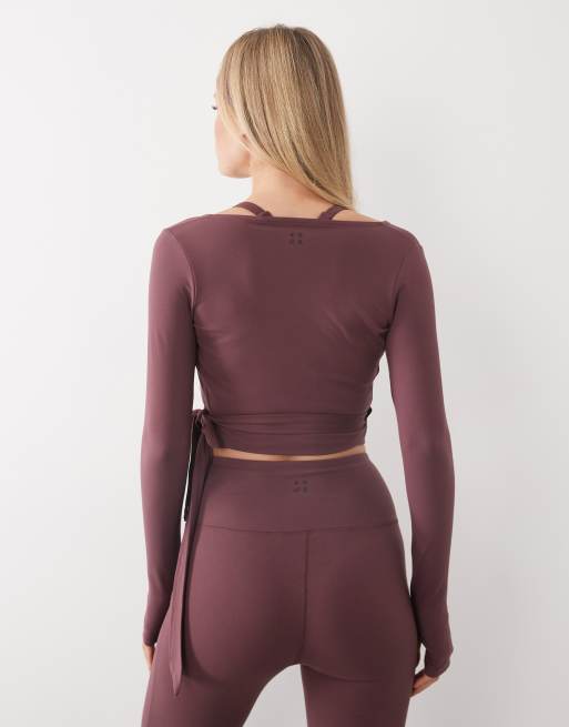 4505 - Top morado ciruela cruzado estilo bailarina de manga larga de tejido suave, 4 de 4