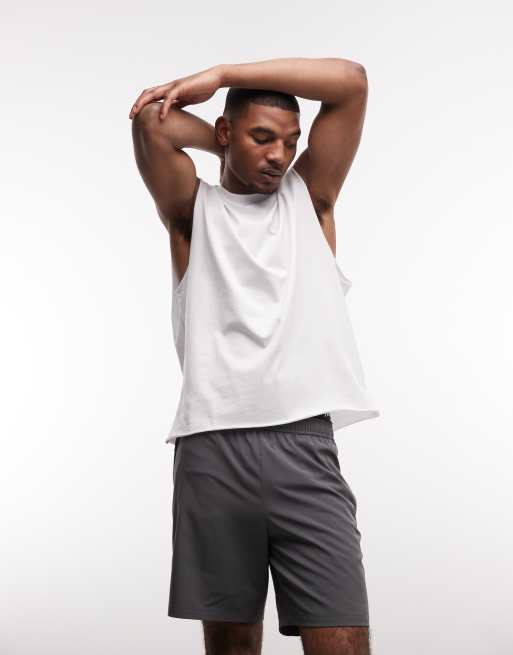 4505 - Top senza maniche da allenamento in cotone quick dry bianco con orlo grezzo a taglio vivo