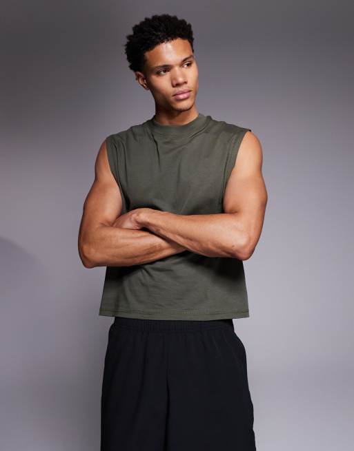 4505 - Top senza maniche da allenamento in cotone taglio corto kaki con finitura quick dry