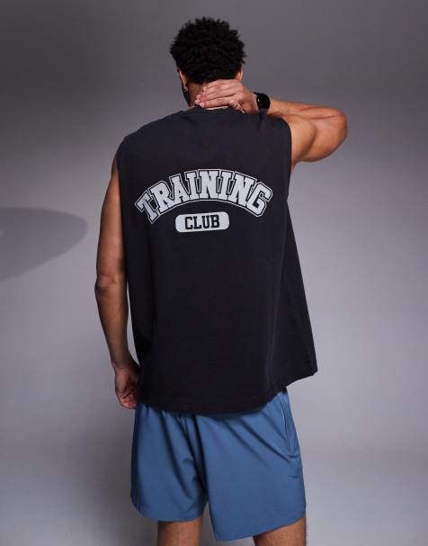 4505 - Top senza maniche da allenamento oversize in cotone pesante nero slavato con stampa sul retro e finitura quick dry - view 1