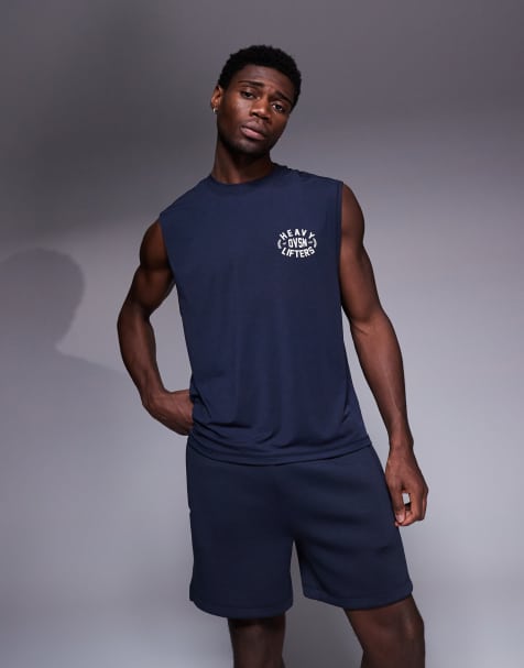 4505 - Top senza maniche da allenamento quick dry oversize blu navy notte con grafica sul retro - view 1