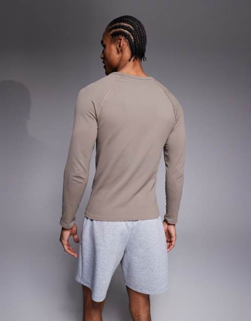 4505 - Top slim a maniche lunghe raglan a coste senza cuciture color pietra, 3 di 5