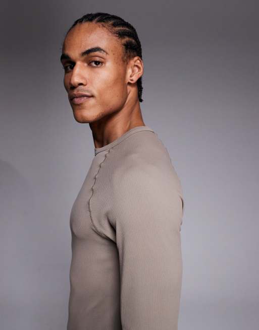 4505 - Top slim a maniche lunghe raglan a coste senza cuciture color pietra, 4 di 5