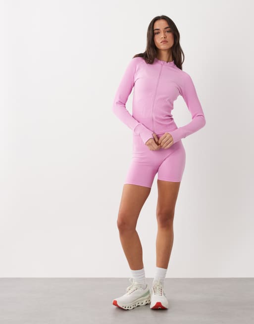 4505 – Tuggummirosa, skulpterande topp i seamless design med långa ärmar och dragkedja, 2 av 4