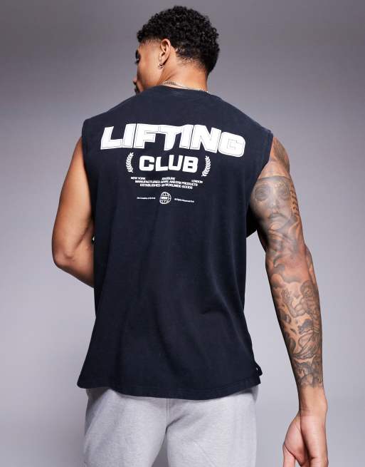 4505 - Vasket sort oversized tanktop til vægttræning med print på ryggen i kraftig bomuld med hurtigttørrende finish 