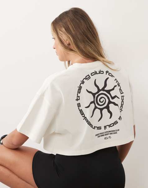4505 - Vintage-hvid cropped T-shirt med print på ryggen i kraftig bomuld - view 1