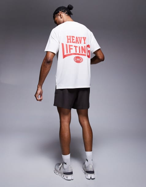 4505 - Vintage-hvid hurtigttørrende performance-T-shirt med 'Heavy Lifting'-print på ryggen - view 1