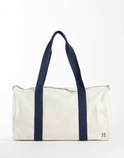 4505 – Vintagevit tennisväska i canvas med kontrastfärgade remmar, 2 av 4