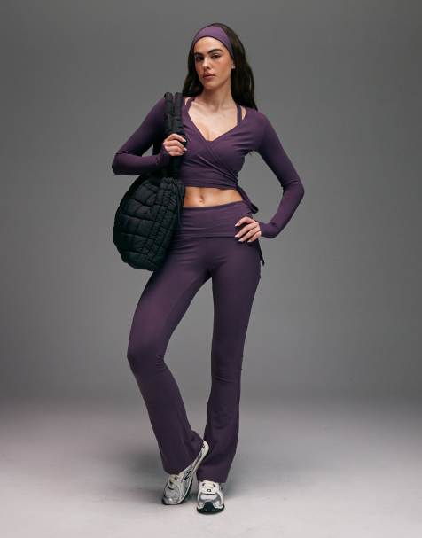 4505 – Weiche, ausgestellte Yoga-Leggings in Heide-Lila mit gerafftem Umschlagbund und schmalem Bein - view 1