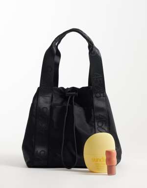 4505 woven adjustable drawstring bucket bag with external pocket in black