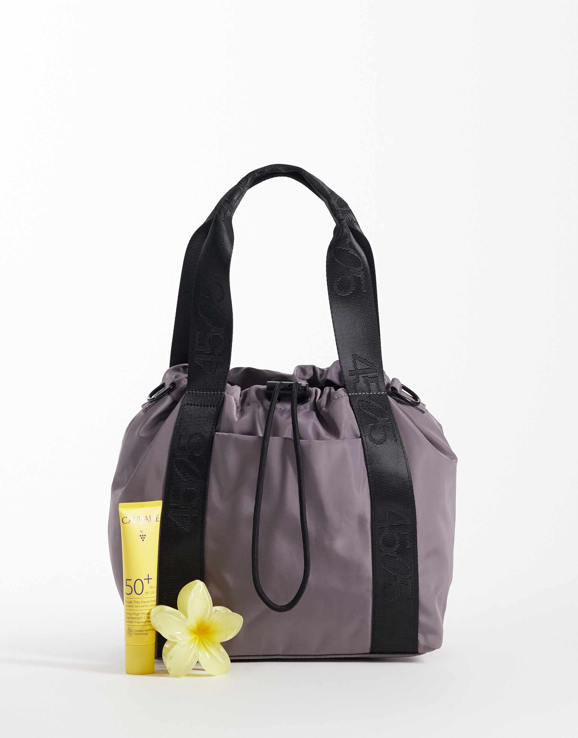4505 woven adjustable drawstring bucket bag with external pocket in storm gray