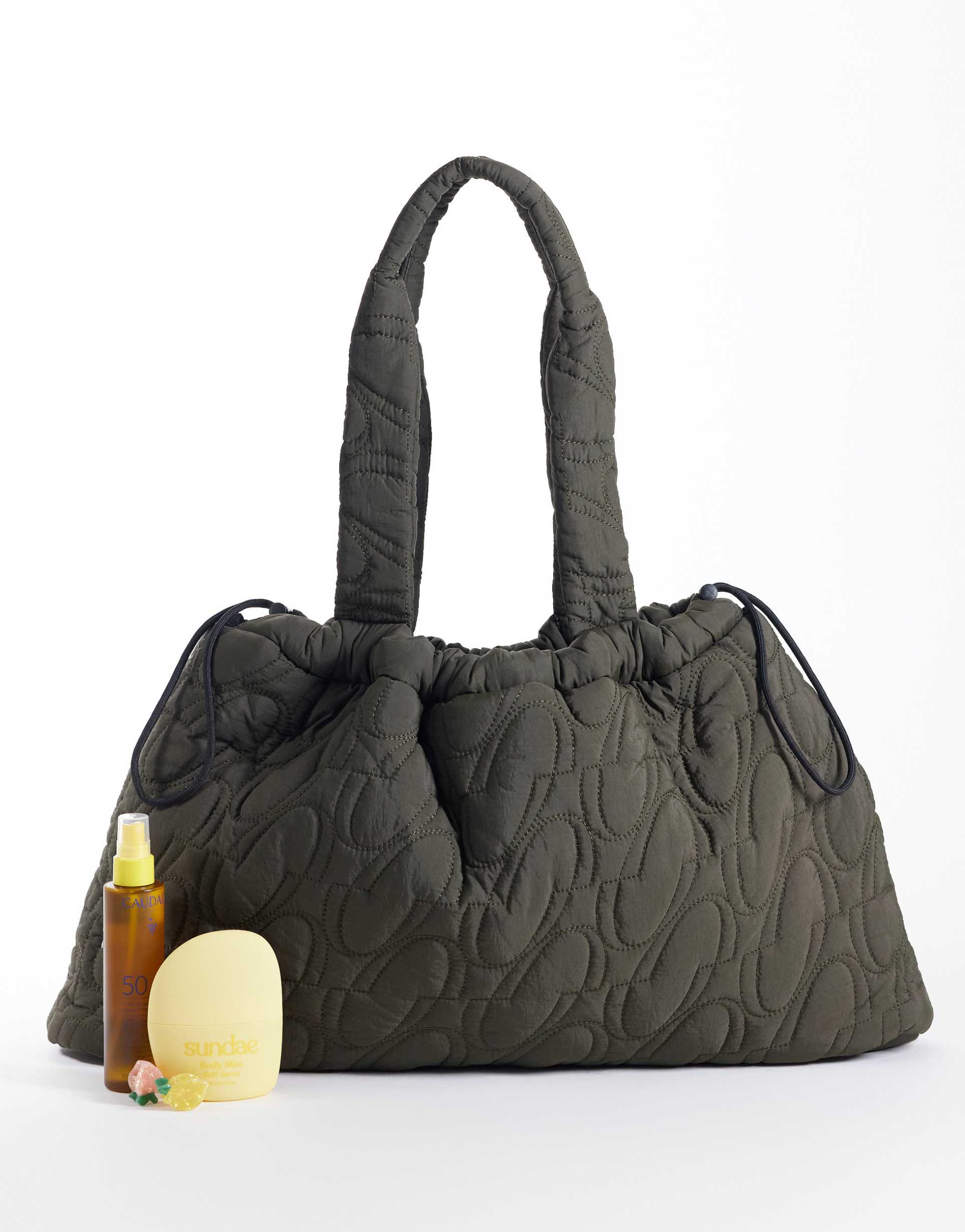 4505 woven logo quilted tote with adjustable toggle in coffee