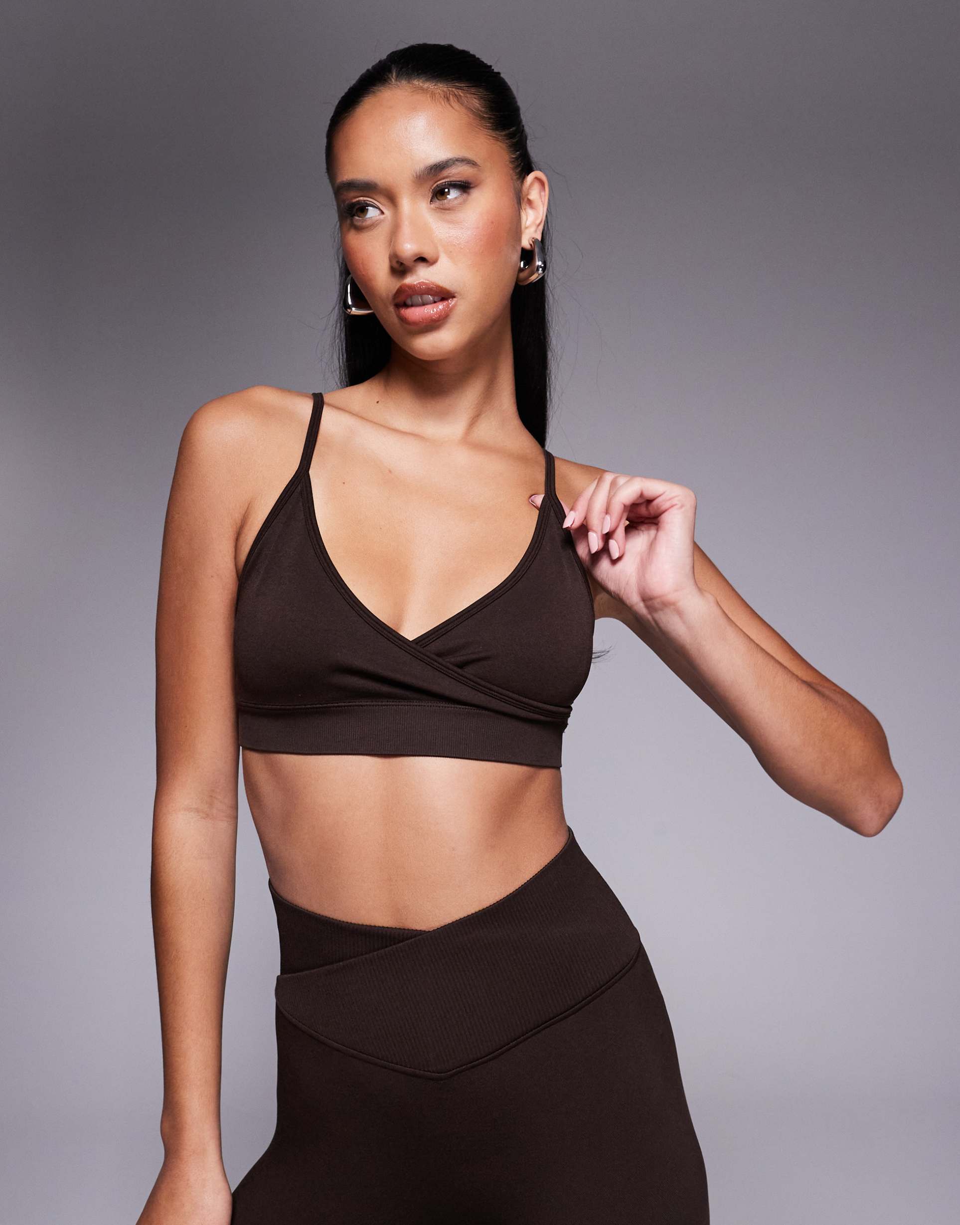 4505 wrap front seamless light support sports bra in ganache