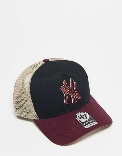 47 Brand NY Yankees offside trucker cap with contrast peak detail in burgundy multi - view 1