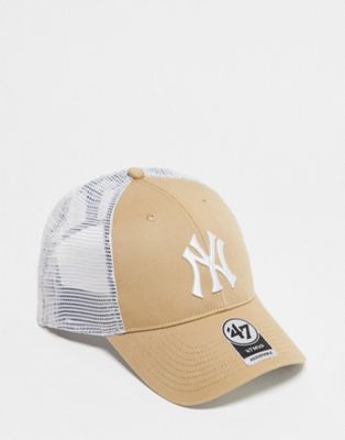 47 MVP MLB NY Yankees unisex baseball trucker hat in beige and off white - ASOS Price Checker