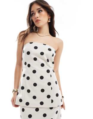 4h & Reckless - Top taglio lungo a fascia in misto lino color crema a pois in coordinato