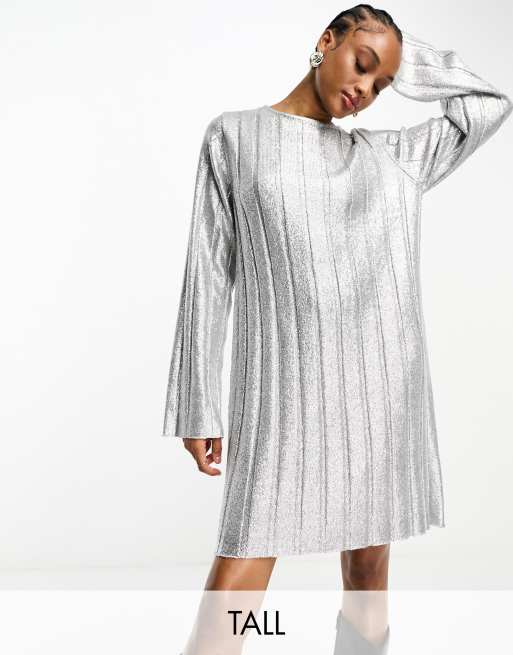 4th & Rckless Tall - Mini-sweaterkjole med bindebånd bagpå i metallisk sølvfarve - Kun hos ASOS