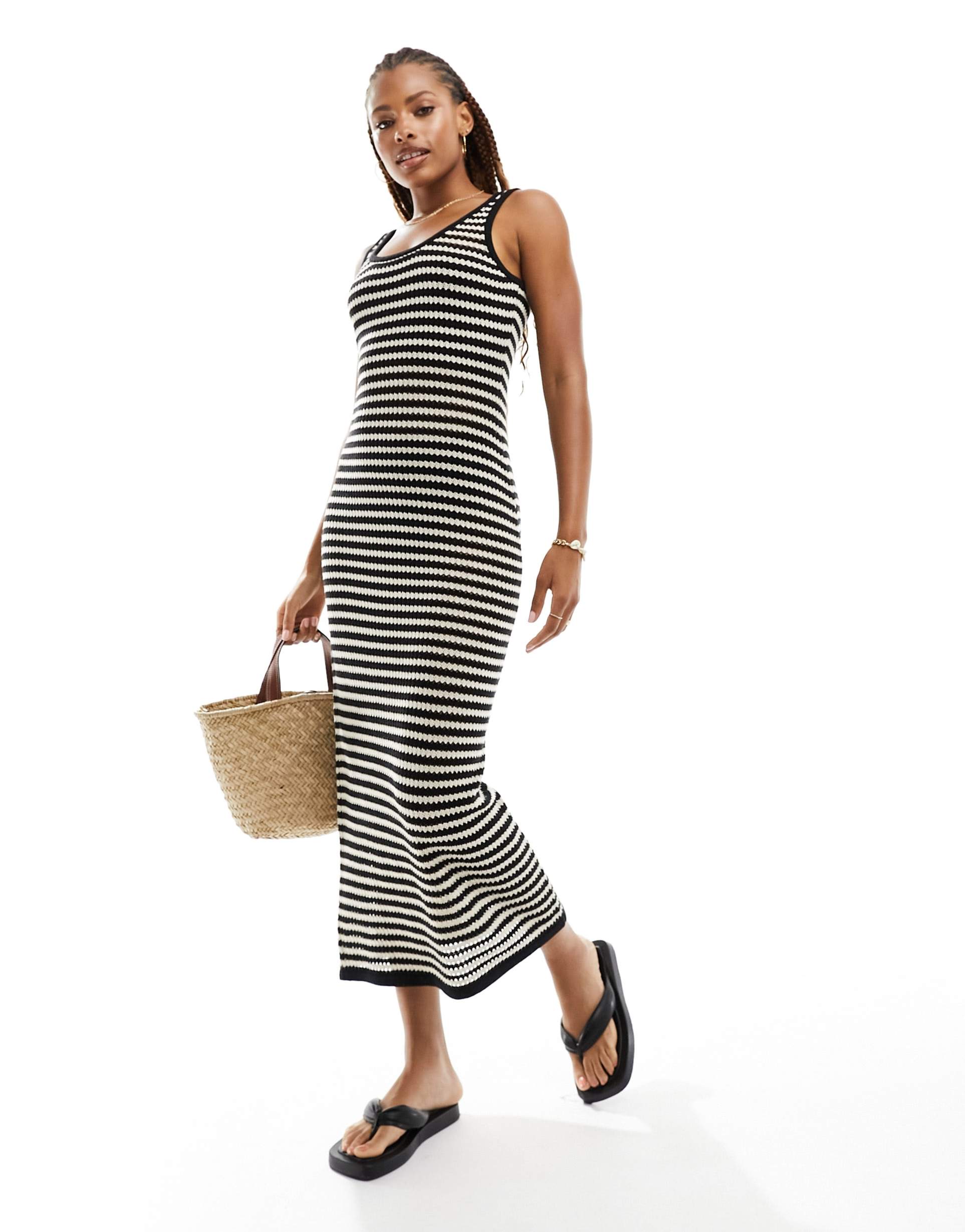 4th & reckless albi knit maxi dress in black and cream stripe