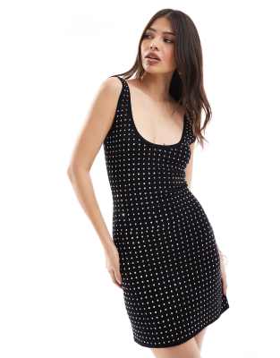 all over hotfix knit sleeveless mini dress in black