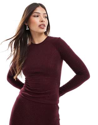 4th & Reckless 4th & Reckless all over hotfix long sleeve top co-ord in burgundy-Red