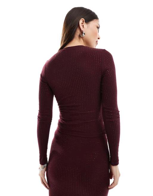 4th & Reckless all over hotfix long sleeve top in burgundy (part of a set), 4 of 4