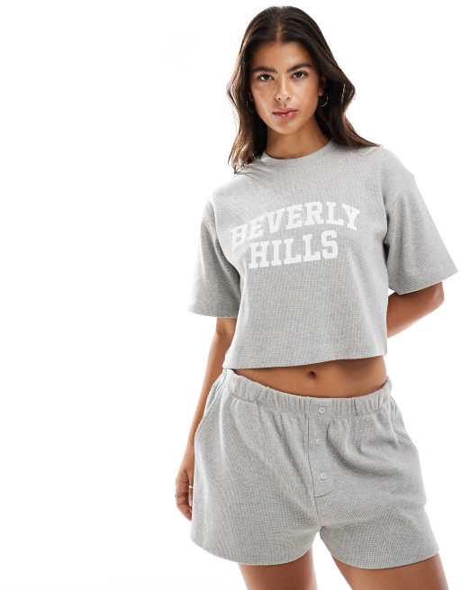 4th & Reckless Ara waffle t-shirt with Beverly hills slogan in grey