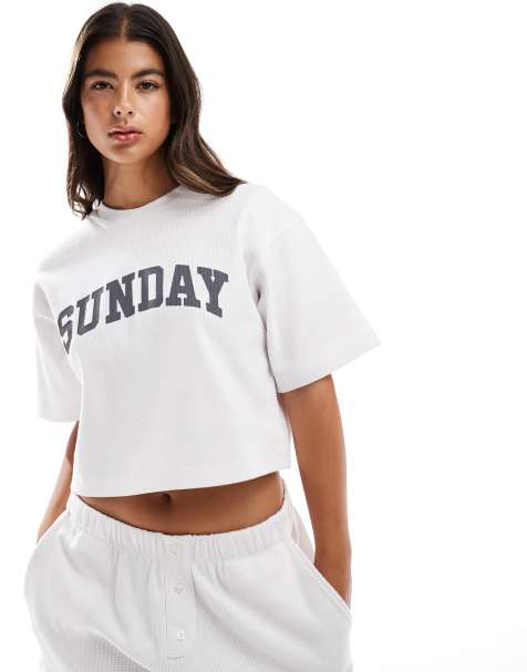 4th & Reckless Ara waffle t-shirt with Sunday slogan in white - view 1