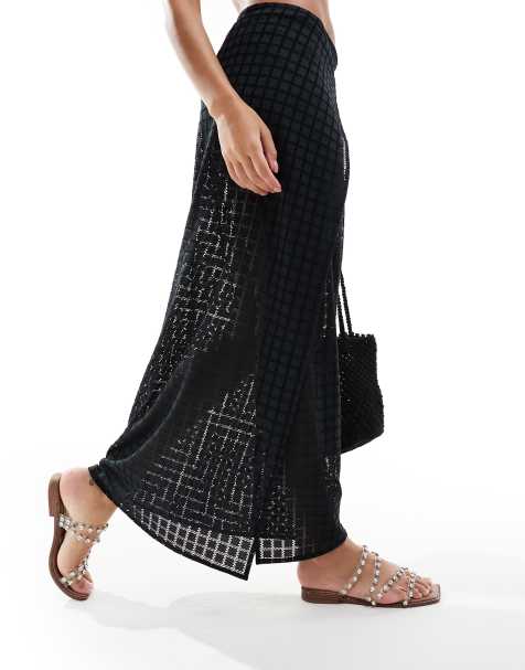 Topshop Petite lace and dobby sheer mesh maxi skirt in black, ASOS