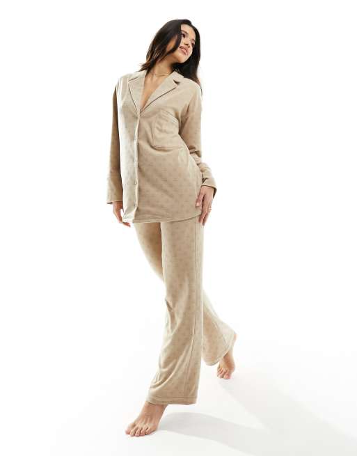 4th & Reckless Artemis embossed logo cosy jersey pyjama pants in beige