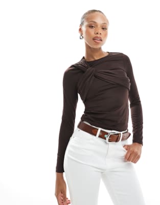asymmetric bust detail long sleeve top in chocolate brown