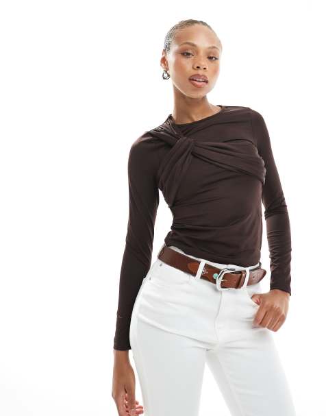4th & Reckless asymmetric bust detail long sleeve top in chocolate brown - view 1