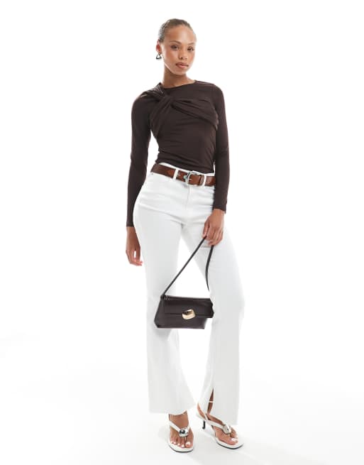 4th & Reckless asymmetric bust detail long sleeve top in chocolate brown, 2 of 4