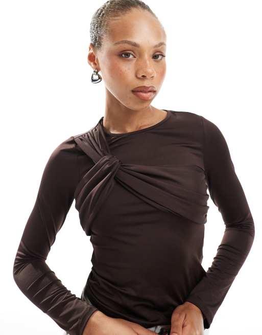 4th & Reckless asymmetric bust detail long sleeve top in chocolate brown, 4 of 4
