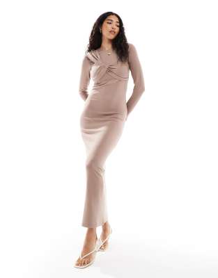 asymmetric drape bust detail maxi dress in mocha-Brown
