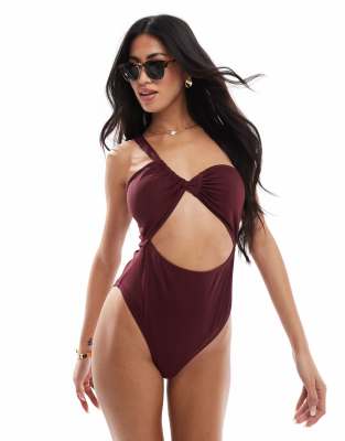 asymmetric shoulder cutout swimsuit in burgundy-Red