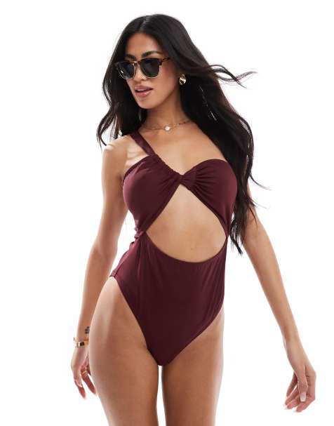 4th & Reckless asymmetric shoulder cutout swimsuit in burgundy - view 1