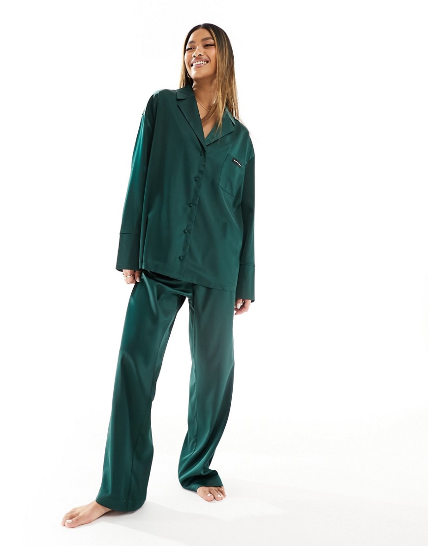 4th & Reckless Aurora satin pyjama trouser in emerald green