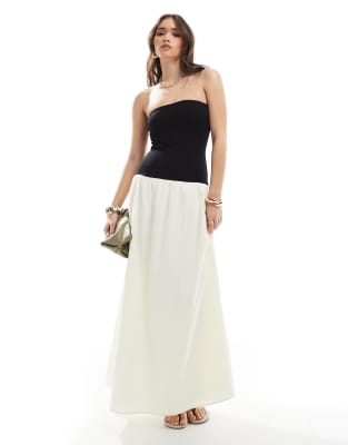 bandeau contrast drop waist maxi dress in black and cream